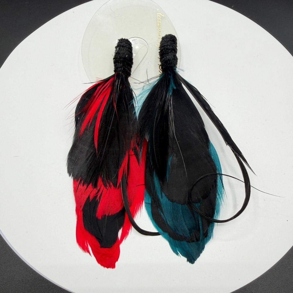 Red Teal Black Feather Brooch Pins Pair Boho Statement Costume Jewelry Set Lot